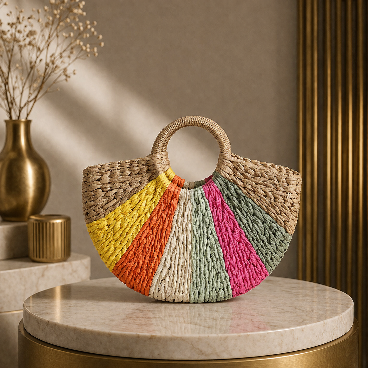 Sac plage tressé Arc-en-ciel - Beige ou Crème