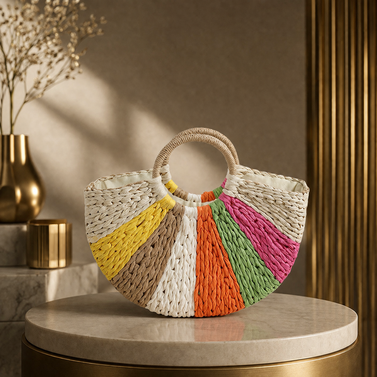 Sac plage tressé Arc-en-ciel - Beige ou Crème