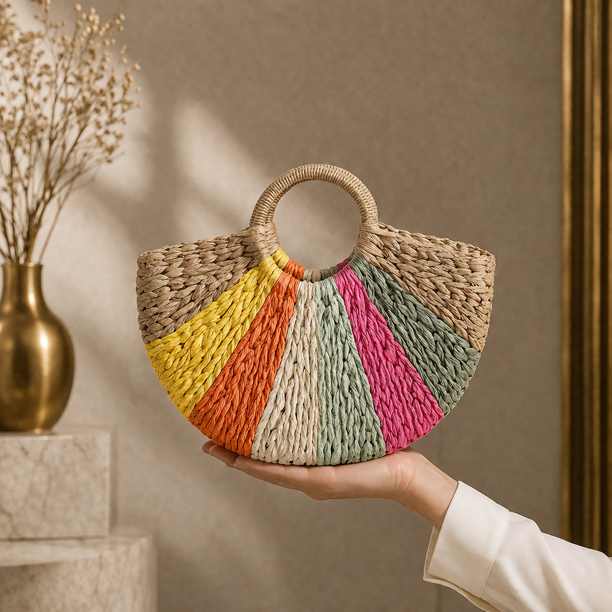 Sac plage tressé Arc-en-ciel - Beige ou Crème