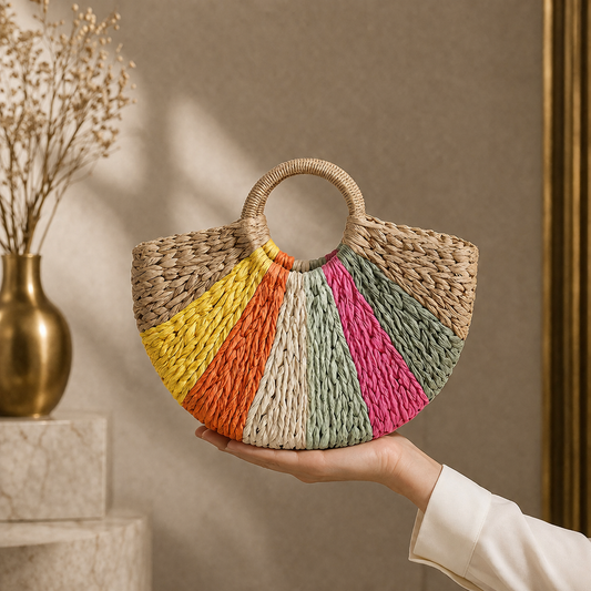 Sac plage tressé Arc-en-ciel - Beige ou Crème
